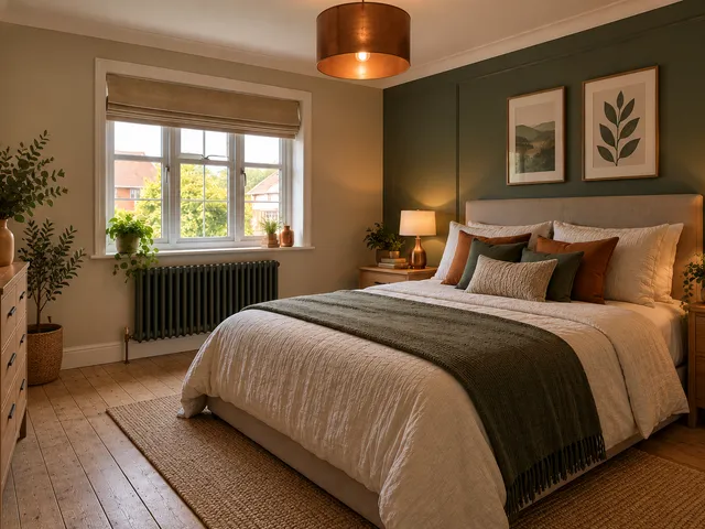 The same bedroom after redecoration, freshly painted and finished.