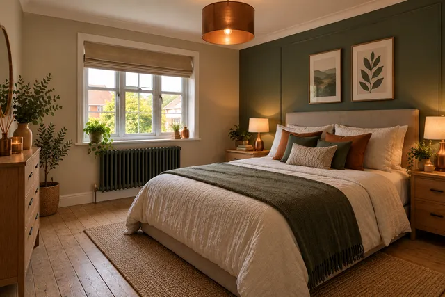The same bedroom after redecoration, freshly painted and finished.