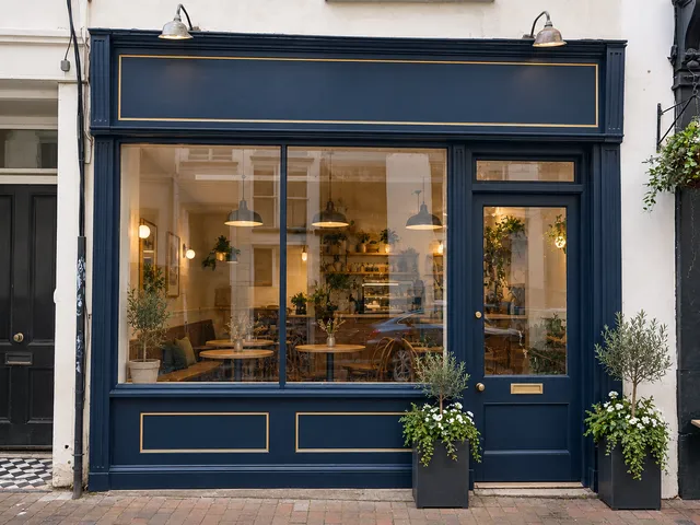 The same shopfront painted deep navy with a gold-lined fascia and planters by the door.