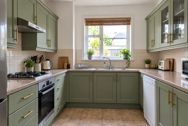 The same kitchen with sage-green painted cupboards and brass handles.