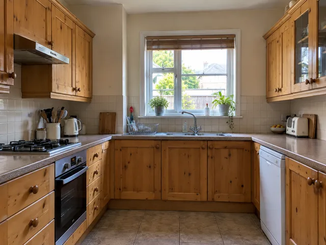 A kitchen with orange-toned pine cupboard doors.
