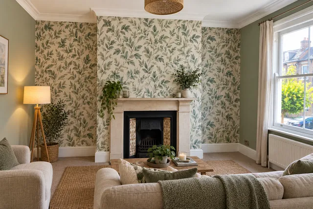 The same living room with a leaf-pattern wallpaper feature wall and soft green walls.