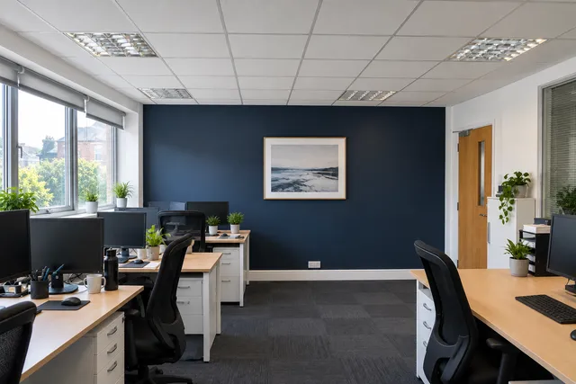 The same office with clean ceiling tiles, white walls and a navy feature wall.